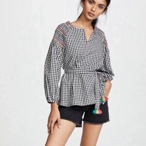 Madewell Smocked Gingham Tassel Tie Top